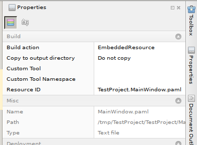 Снимок панели свойств файла
MainWindow.xaml